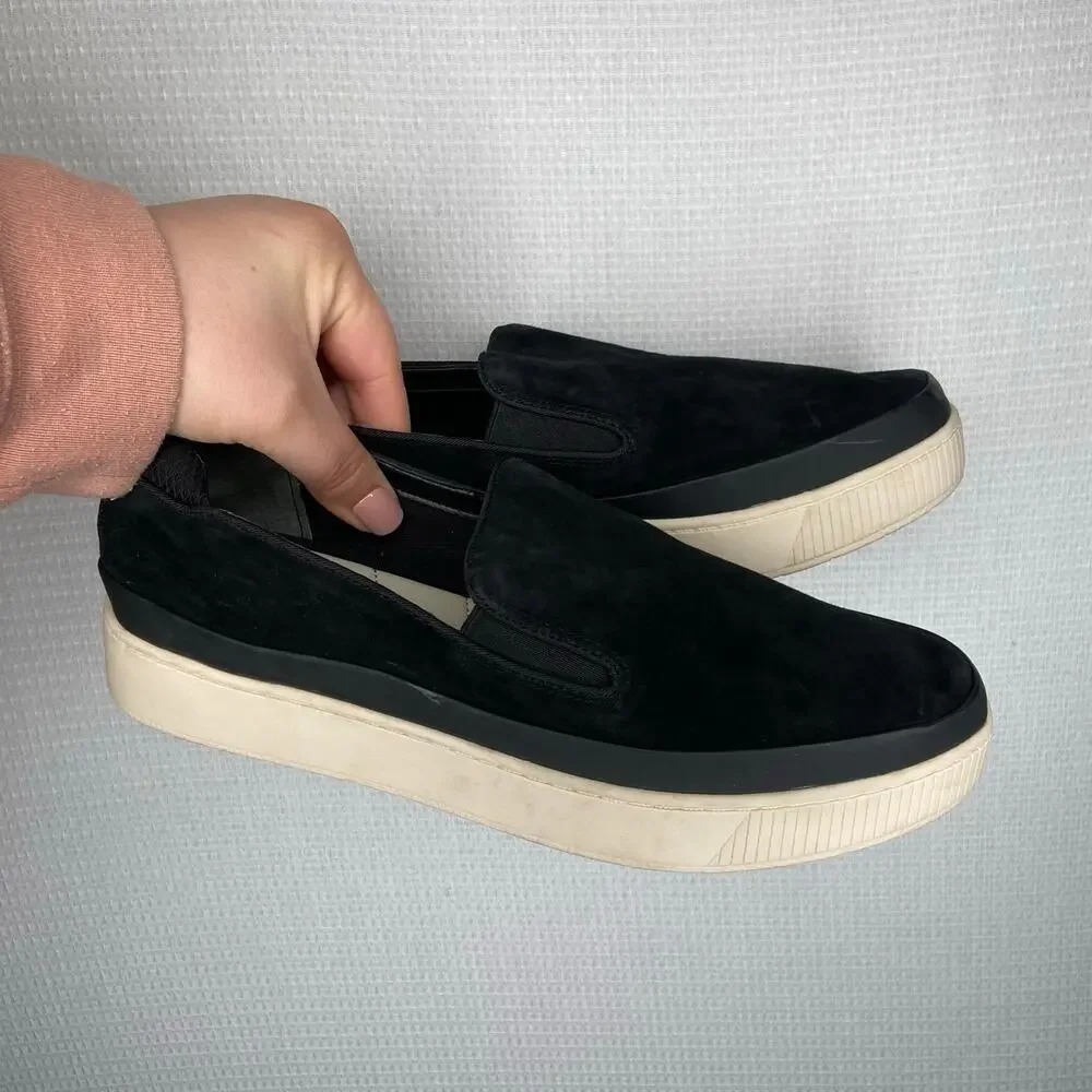 Franco Sarto‎ Size 9.5 Black Suede Leather Slip On Sneaker Platform Casual Shoes